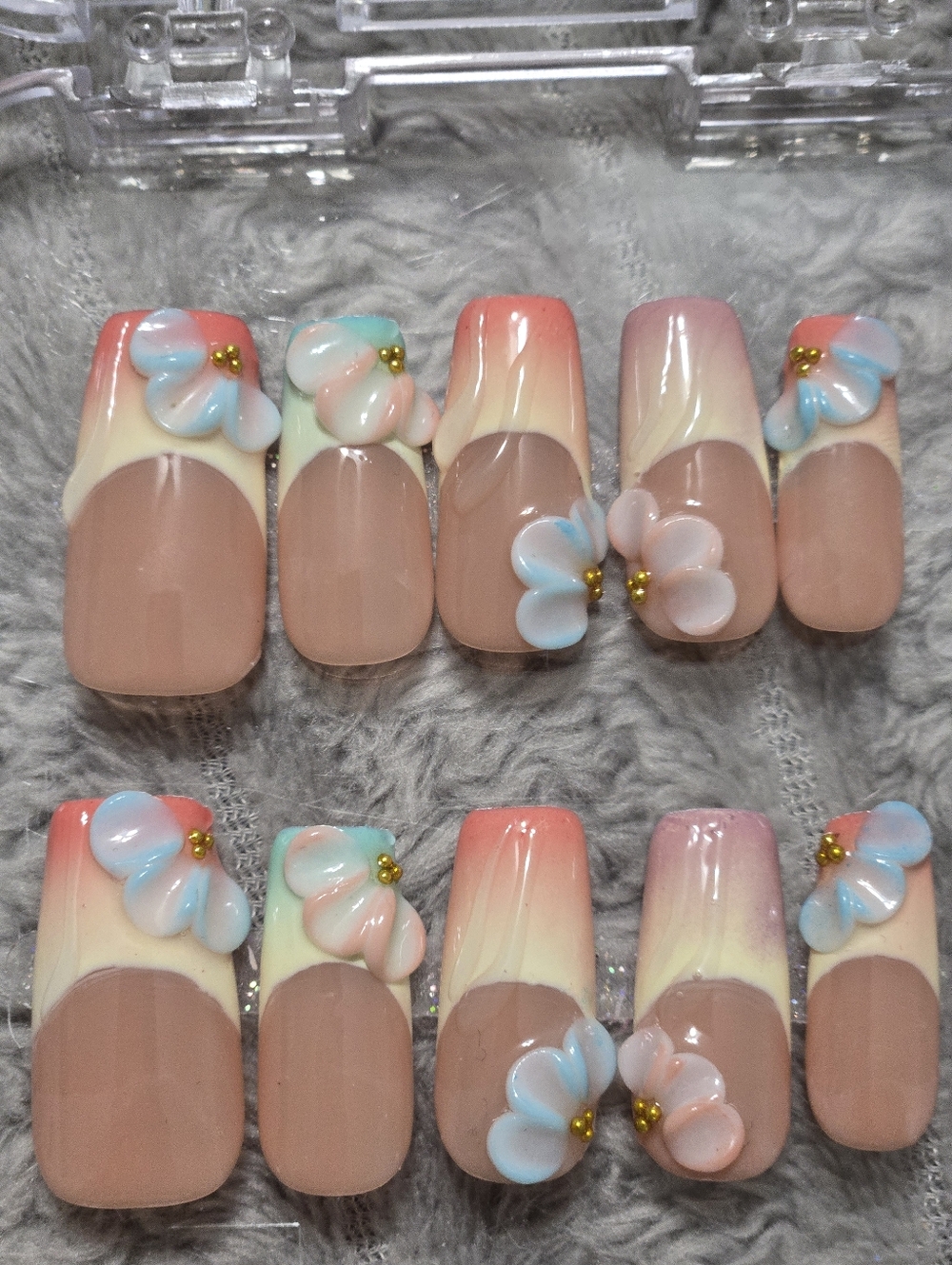 Floral Ombre Acrylic Press-On Nails in Nude, Pink & Blue, Medium Length Square